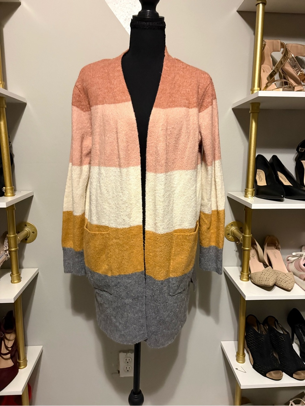 Cozy Colorblock Open-Front Cardigan in Pink, Cream & Mustard